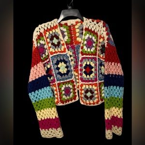 Elan Women Crochet Square Handmade Retro Cardigan Knitted sweater